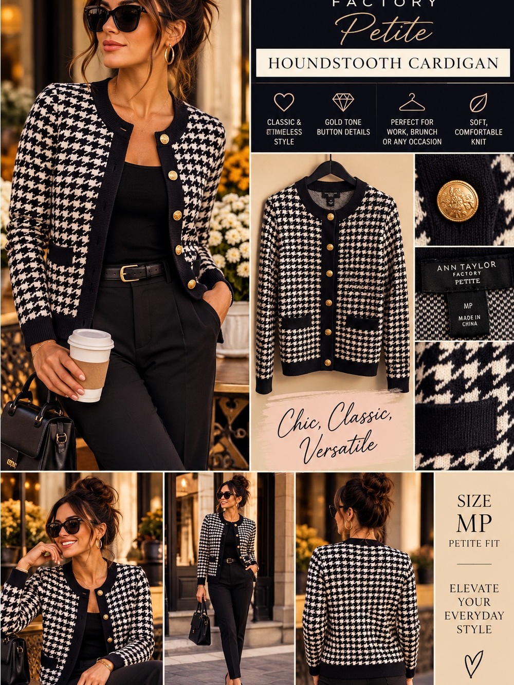 Ann Taylor Factory Petite Houndstooth Cardigan Gold Buttons MP
